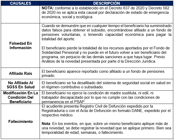 Causales Pérdida del Subsidio 1